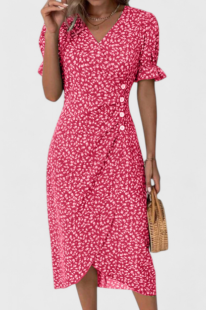 Vestido Midi Floral Joana con Escote en V y Mangas Cortas