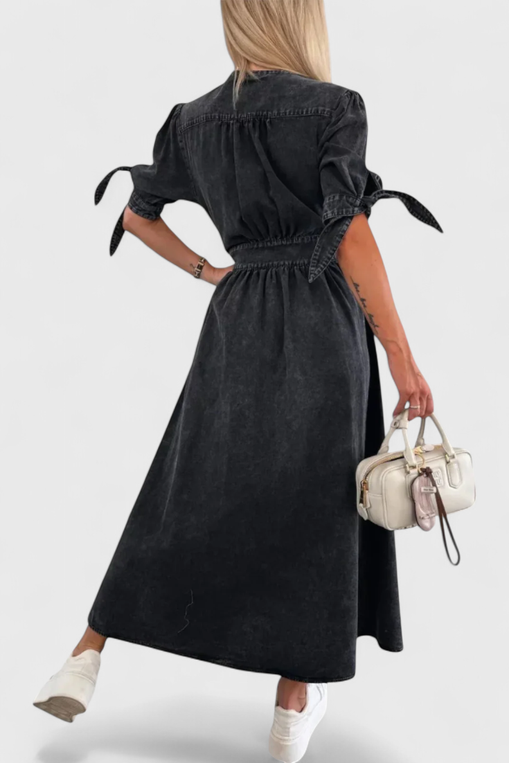 Vestido Midi Adelina de Denim con Botones y Escote en V